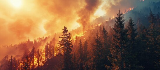 Aerial view forest fire on the slopes of hills and mountains Large flames from forest fire Summer forest fires Smoke of a forest fire obscures the sun Natural disasters. Creative Banner