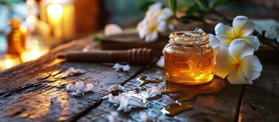 Glass jar of golden honey closep with frangipani flowers Preparing natural beauty body treatment at home sweet yellow sugar nectar facial mask. Creative Banner. Copyspace image - obrazy, fototapety, plakaty