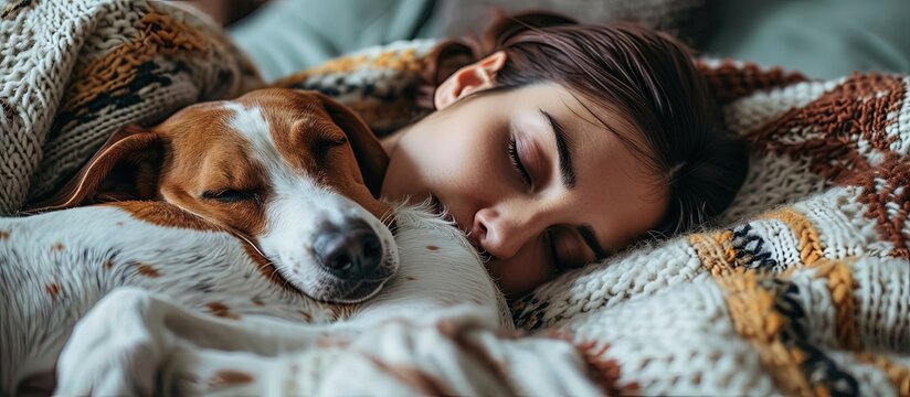 Cozy home woman covered with warm blanket watching movie hugging sleeping dog Relax carefree comfort lifestyle. Creative Banner. Copyspace image