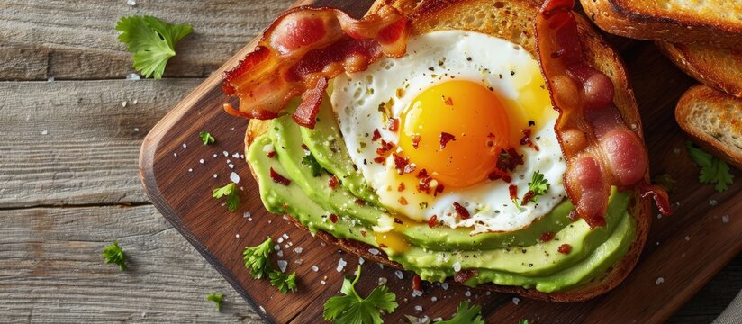 Heart shape Fried egg sandwich with avocado and bacon. Creative Banner. Copyspace image