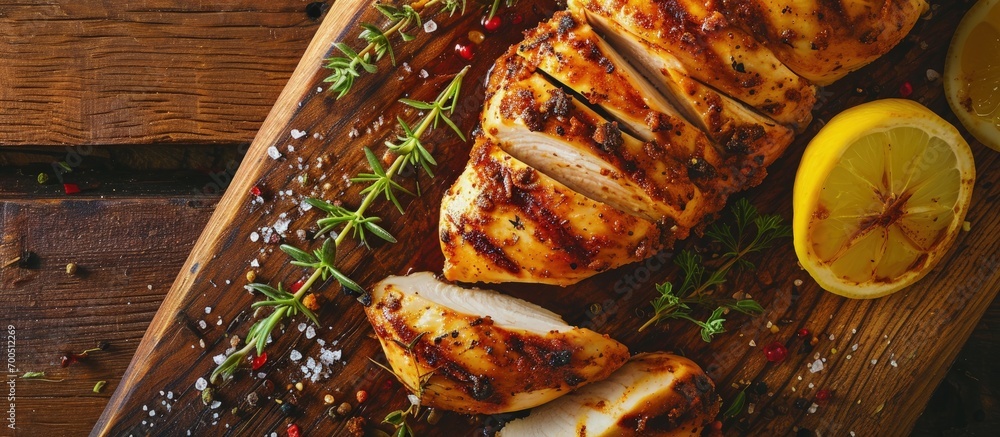 Poster grilled chicken breast with spice rub and lemon on a cutting board sliced and whole. creative banner