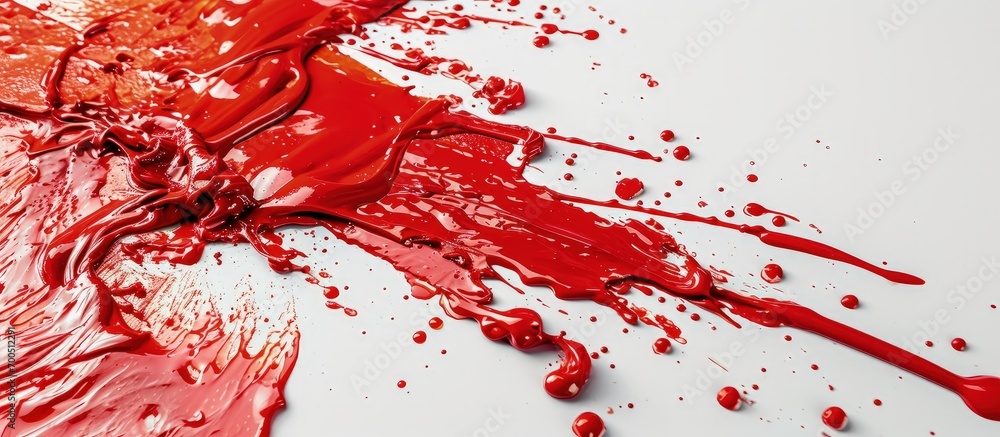 Poster close up of red paint leaking on white background. creative banner. copyspace image