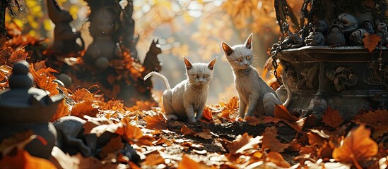 Clay figurines in an enchanted forest setting Three cats with upright tails stand among the fallen leaves. Creative Banner. Copyspace image