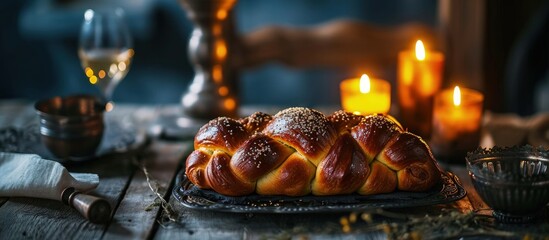 Obraz premium Challah Jewish Bread traditionally baked to celebrate the Shabbat The inscriptions on the tablecloth translated from Hebrew means Shabbat Shalom peaceful Saturday Jewish holiday Israel