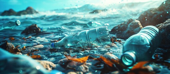 Garbage destroying our world oceans and earth concept with plastic bottles fish eating the planet....