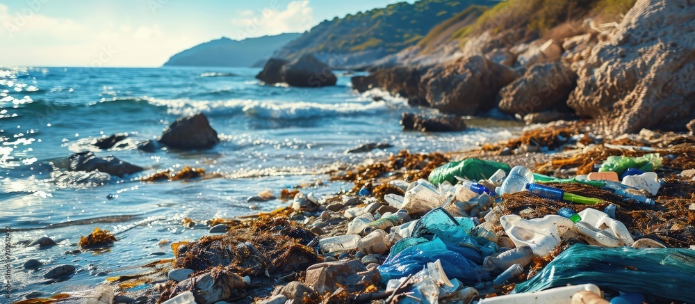 Poster human footprint in nature environmental pollution with garbage and plastic. creative banner. copyspa