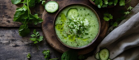 Cucumber Gazpacho Green fresh cold summer soup Top view. Creative Banner. Copyspace image