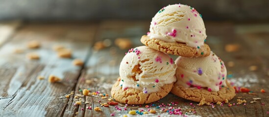 Ice cream sandwiches with vanilla ice cream and peanut butter cookies and sprinkles. Creative Banner. Copyspace image