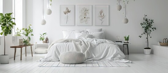 Flowers on wooden stool and pouf in white bedroom interior with posters above bed Real photo. Creative Banner. Copyspace image