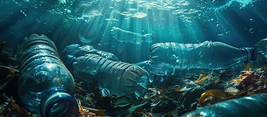 Garbage destroying our world oceans and earth concept with plastic bottles fish eating the planet. Creative Banner. Copyspace image - obrazy, fototapety, plakaty