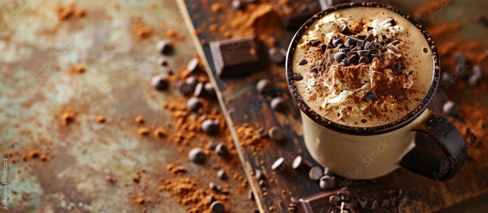 Poster Caramel latte with float cocoa powder and chocolate chips topping perfect for recipe article catalogue or any cooking contents. Creative Banner. Copyspace image