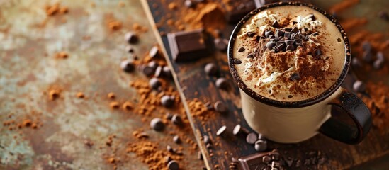 Caramel latte with float cocoa powder and chocolate chips topping perfect for recipe article...