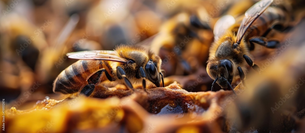 Poster honey bees showing the process of honey production in a hive where the frames are filled with this wonderful product. Creative Banner. Copyspace image