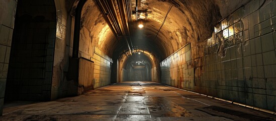 Dark corridor of old underground Soviet military bunker under artillery fortification. Creative Banner. Copyspace image