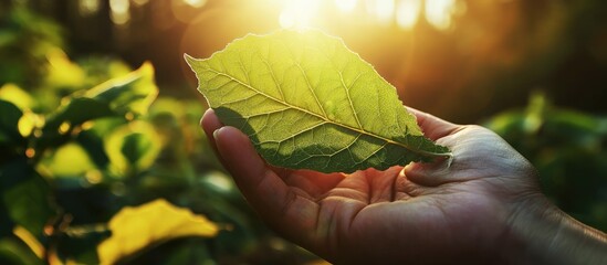 Eco label carved on a green leaf Hand holding leaf with ECO word against the sky Labeling systems for food and eco friendly consumer products. Creative Banner. Copyspace image