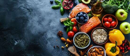 Healthy organic food for Diabetes diet Cholesterol diet food high in antioxidants vitamins and minerals Top view with copy space. Creative Banner. Copyspace image - obrazy, fototapety, plakaty