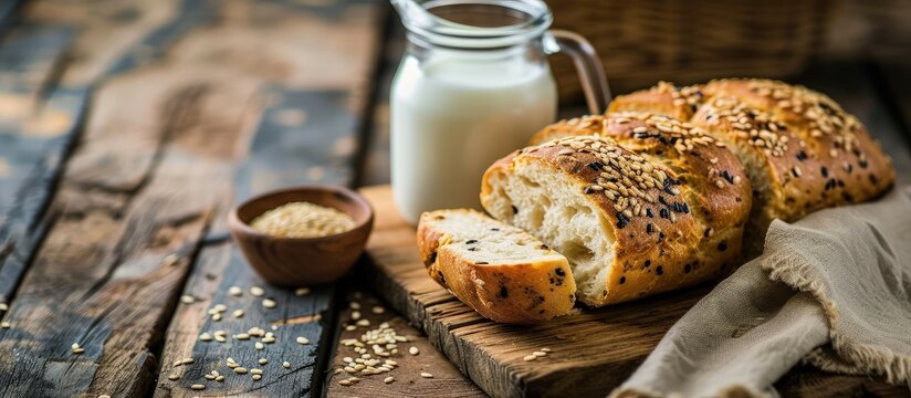 Breakfast with freshly baked sesame bread and milk Whole grain bread on a wooden board Gluten free bread Copy space. Creative Banner. Copyspace image