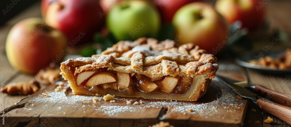 Aufkleber homebaked apple pie slice with apples in the background. creative banner. copyspace image
