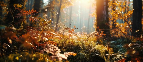Beautiful morning in autumn forest sun lights plants and fern branches. Creative Banner. Copyspace image
