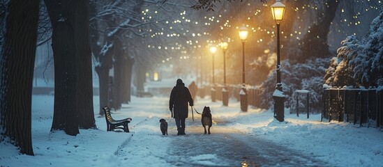 A person is seen walking two dogs through a misty morning snow scene The Stray Harrogate North Yorkshire UK. Creative Banner. Copyspace image - Powered by Adobe