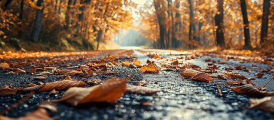 Asphalt road with fallen leaves inl autumn forest Focus on foreground. Creative Banner. Copyspace image