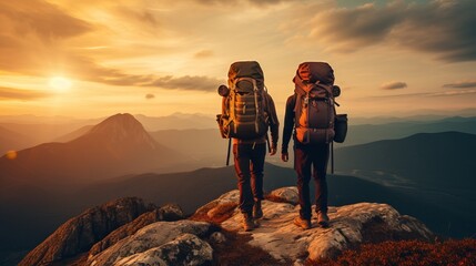 Hiking Companions. Conquering Mountains with Friends, Reaching New Heights at Sunset