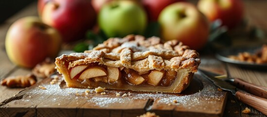 homebaked apple pie slice with apples in the background. Creative Banner. Copyspace image