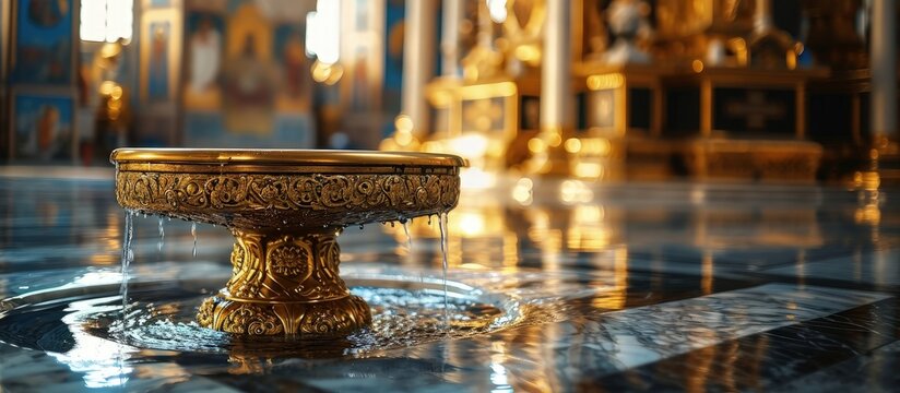 Bath sacrament of baptism in the Christian Baptismal Font in Romania Orthodox Church. Creative Banner. Copyspace image
