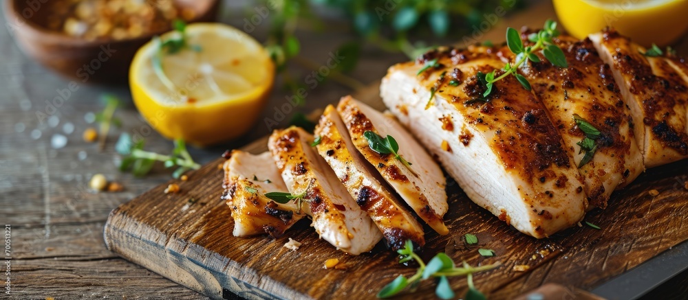 Poster grilled chicken breast with spice rub and lemon on a cutting board sliced and whole. creative banner