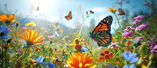 How beautifully beautiful butterflies are floating on the green purple and blue flowers it looks...