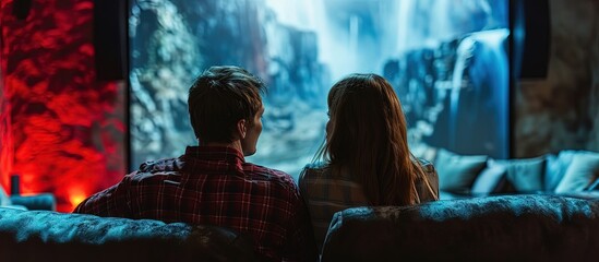 Couple on sofa in living room watching action movie on TV or criminal blockbuster on streaming service talking and discussing acting resting at home on weekend Home theater in modern apartment