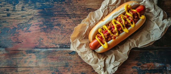 Homemade Coney Island Hot Dog with Chili and Mustard. Creative Banner. Copyspace image