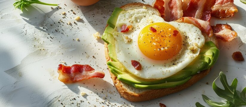Heart shape Fried egg sandwich with avocado and bacon. Creative Banner. Copyspace image