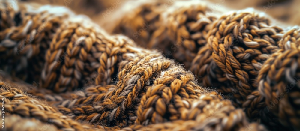 Poster autumn concept background of knitted woolen brown sweater knit fabric texture close up view knitted 