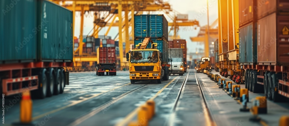 Poster container handlers and trucks in the loading and unloading yard. creative banner. copyspace image
