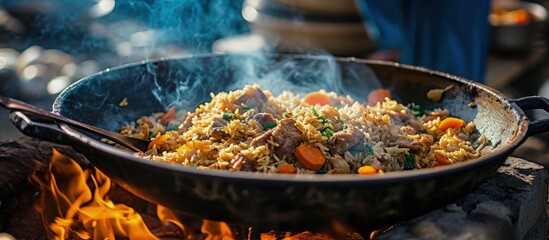 Cookers are putting plov pilaf on plates Tashkent Uzbekistan The signature dish of Uzbekistan cooked with rice meat carrots and onions Pilaf is a traditional food at Central Asia. Creative Banner