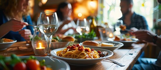 Close up of man serving pasta to his friends during lunch in dining room. Creative Banner. Copyspace image