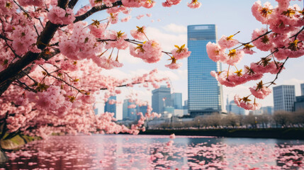 Blooming pink sakura cherry trees against the backdrop of a modern large modern city, metropolis. Romance and love, tenderness. Abstract natural spring background light rosy dark flowers close up.