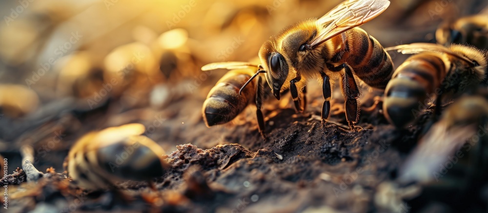 Poster a close up shot of bees in a bee hive with honey combs working together at the middle of the day producing honey. Creative Banner. Copyspace image