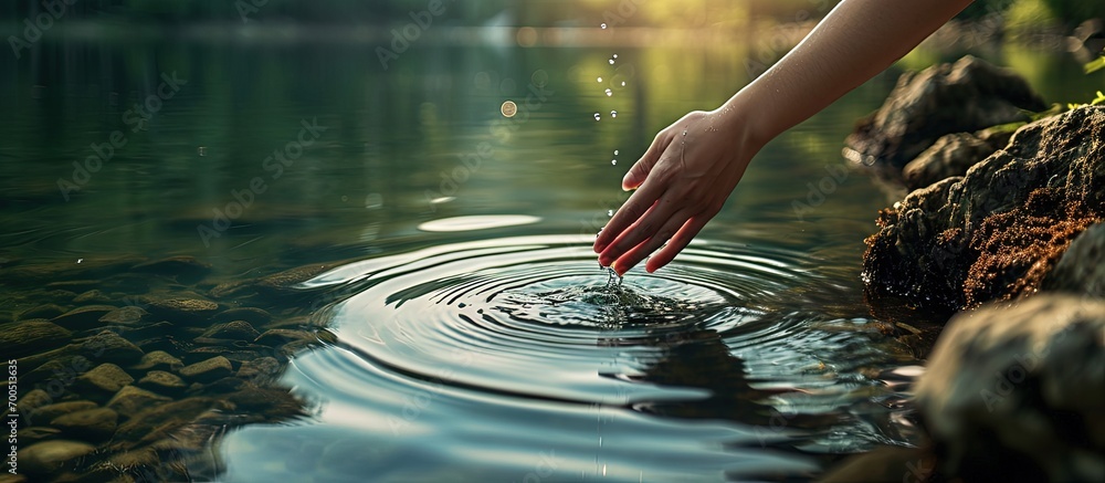 Poster hand scooping up water in calm lake surface. creative banner. copyspace image
