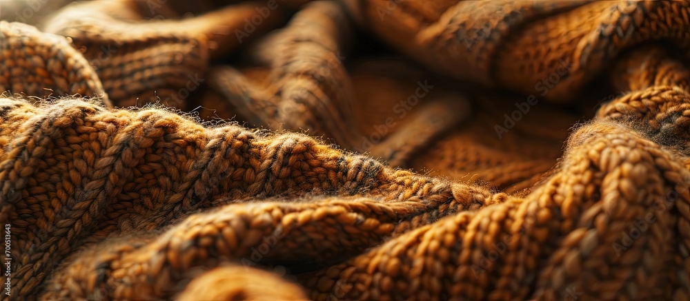 Poster autumn concept background of knitted woolen brown sweater knit fabric texture close up view knitted 