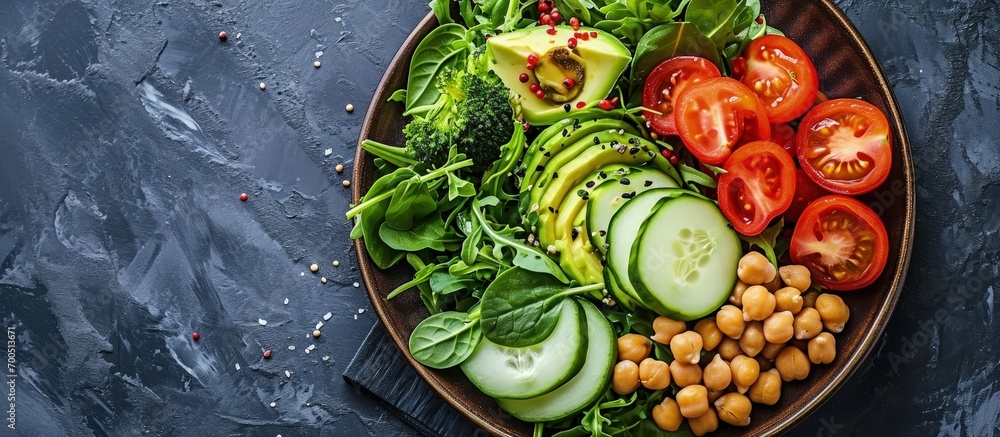 Poster avocado tomato chickpeas spinach and cucumber salad top view. creative banner. copyspace image