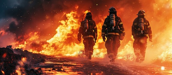 a natural disaster fire involving firefighters. Creative Banner. Copyspace image