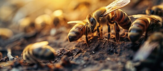 a close up shot of bees in a bee hive with honey combs working together at the middle of the day producing honey. Creative Banner. Copyspace image