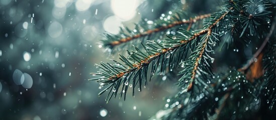 Close up of rain drops on a pine tree branch Blurred background Moody atmosphere of a rainy day. Creative Banner. Copyspace image - obrazy, fototapety, plakaty