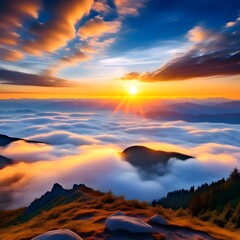 Sunrise image viewed from the top of a mountain covered in clouds Generative AI