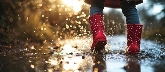 Child with polka dots umbrella wearing red rain boots jumping into a puddle. Creative Banner. Copyspace image - obrazy, fototapety, plakaty
