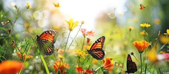Colorful beautiful butterflies are floating on the light red and white flowers of green trees it looks very beautiful green nature around open sky shining sun around. Creative Banner. Copyspace image - Powered by Adobe