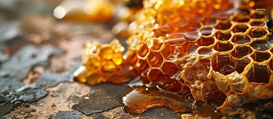 appetizing delicious natural honey in wax combs flows out of honeycombs pieces of honey in...