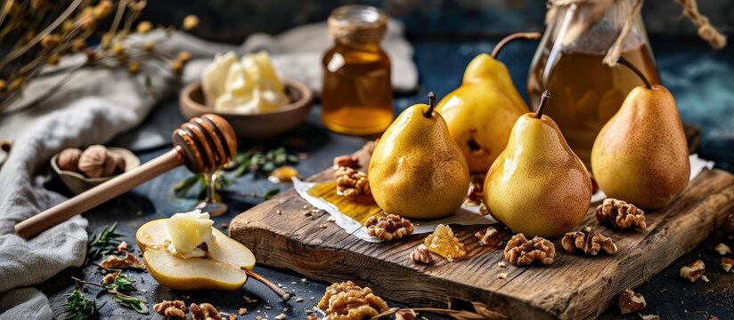 autumn menu dessert baked pears with cream cheese and honey topping with nuts fall season comforting food home made sweet treats for kids top view. Creative Banner. Copyspace image